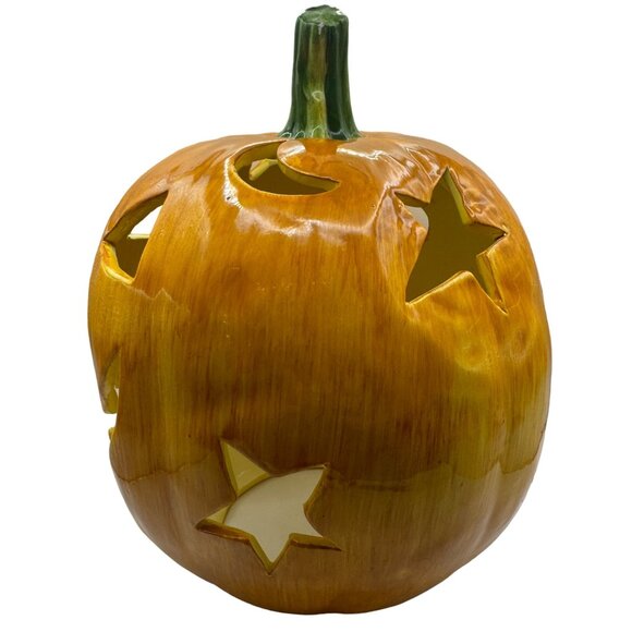 Ceramic Pumpkin Jack-O-Lantern Candle Holder Halloween Decor - Picture 2 of 5